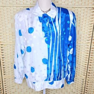 Vintage 80s Stuart Land Blue & White Satin Top Size 12